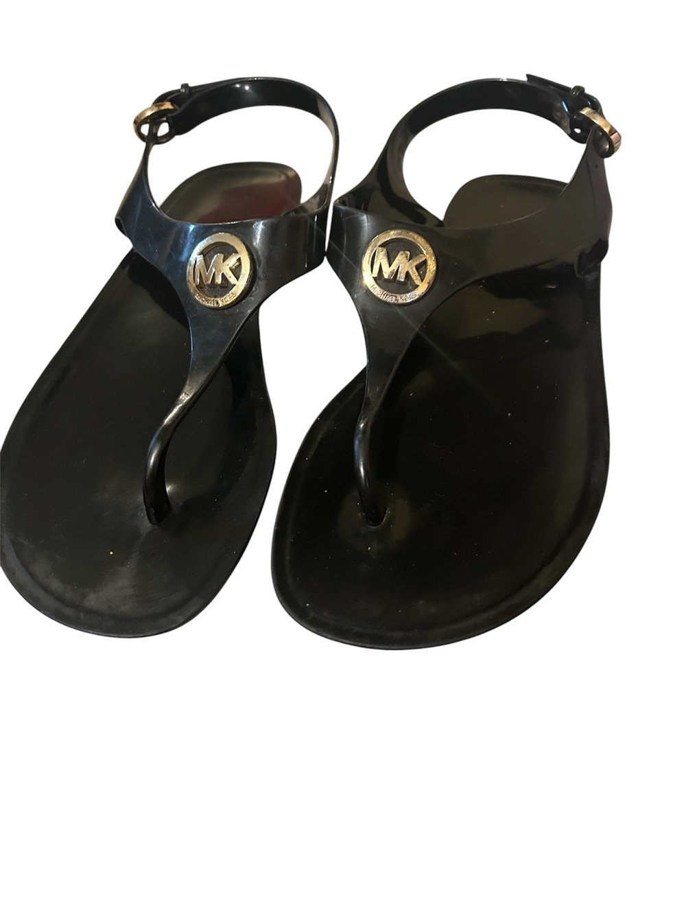 Michael Kors Black Jelly Thong Sandals with Gold MK Emblems
